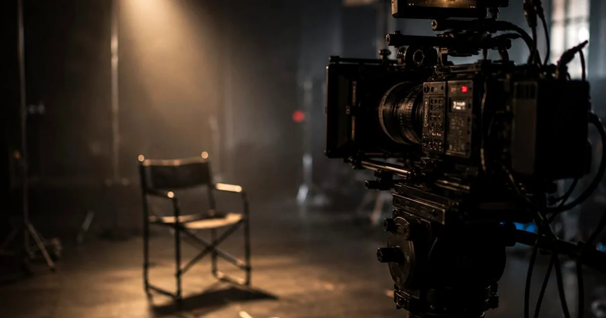 Claqueta de rodaje y camara de cine en set profesional