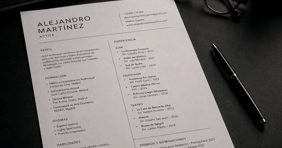 Actor escribiendo y organizando su curriculum profesional de actor en ordenador