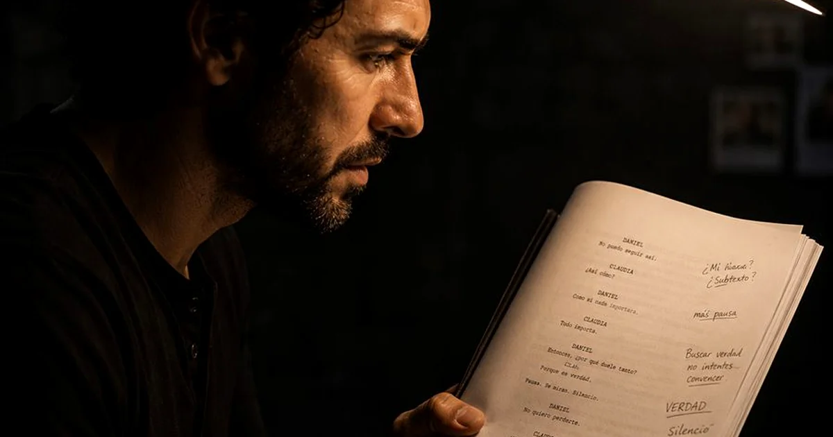 Actor leyendo y analizando un guion cinematografico o teatral profesional