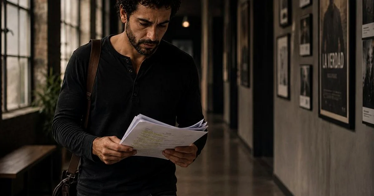 Actor leyendo y memorizando páginas de guión con notas y subrayados